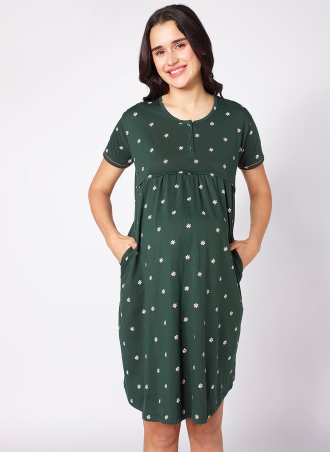 beebelle Green Floral Printed Maternity Nightdress - Image 1