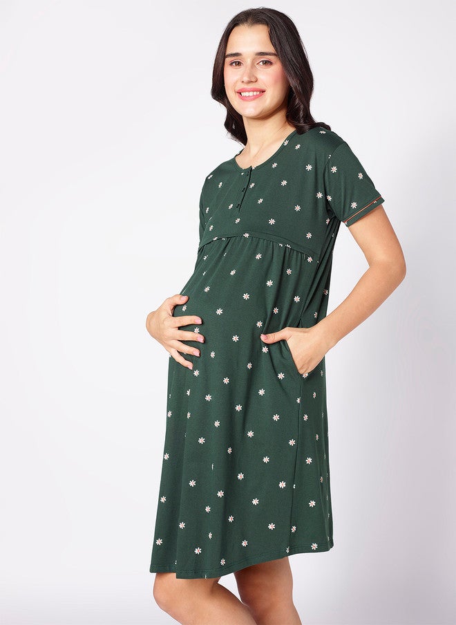 beebelle Green Floral Printed Maternity Nightdress - Image 3