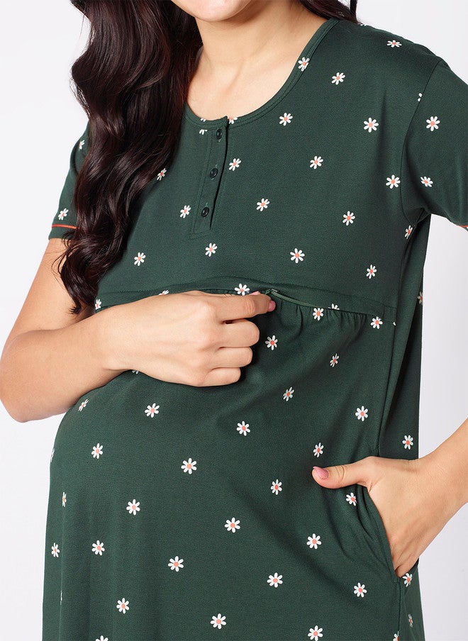 beebelle Green Floral Printed Maternity Nightdress - Image 2