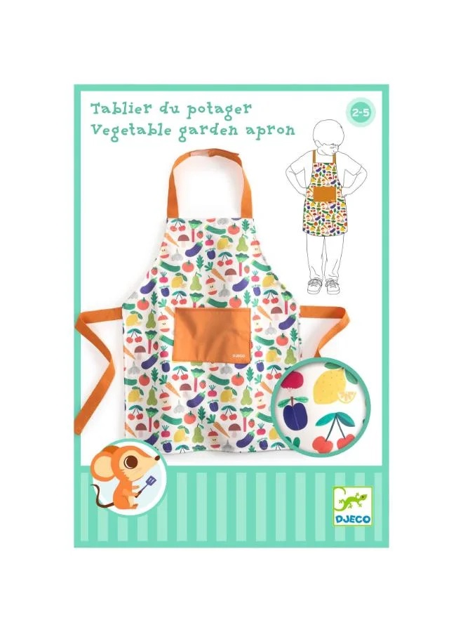 دجيكو Djeco Vegetable Garden Apron for Kids, Adjustable Neck and Waist Ties, Machine-Washable Polyethylene, Front Pocket, Fun Cooking and Craft Protective Apron for Easy Clean Play