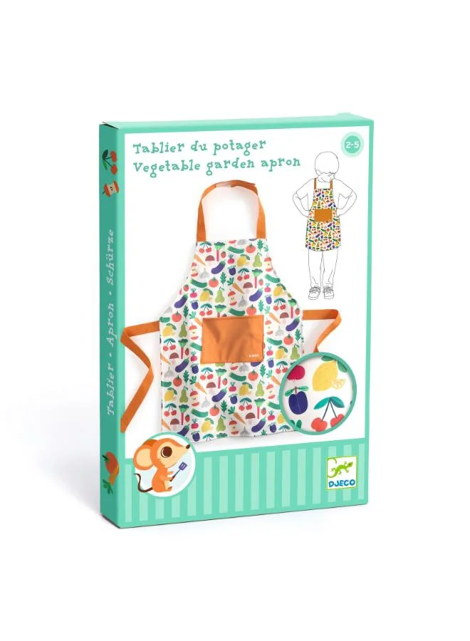 دجيكو Djeco Vegetable Garden Apron for Kids, Adjustable Neck and Waist Ties, Machine-Washable Polyethylene, Front Pocket, Fun Cooking and Craft Protective Apron for Easy Clean Play