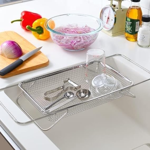 SANGOZ Over The Sink Colander Strainer Stainless Steel Over The Sink Colander Strainer Basket for Kitchen Sink Fruit Vegetables Pasta Food Strainer Expandable Sink DrainerPack of 1 - Image 3