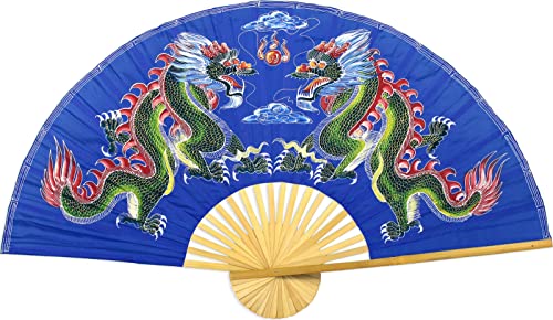 Oriental-Decor Dragons Folding Wall Fan Handpainted Chinese Decor Artwork 40 inch wide Blue Dragons - Image 1