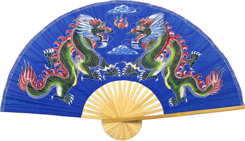 Oriental-Decor Dragons Folding Wall Fan Handpainted Chinese Decor Artwork 40 inch wide Blue Dragons - Image 2