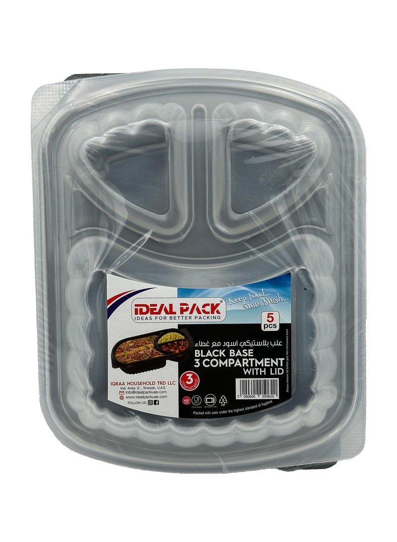 Ideal Pack Black Base 3-Compartment Food Containers with Lids – Pack of 5 | Leak-Resistant, Microwave & Freezer Safe | Perfect for Meal Prep, Takeaway & Portion Control - Image 1