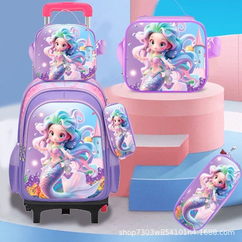 Bluejw New Cute Trolley School Bag For Primary School Students, Cartoon-themed Three-piece Set For Grades 3–6, Available In Both Two-wheel And Six-wheel Models. In Stock. - Image 2
