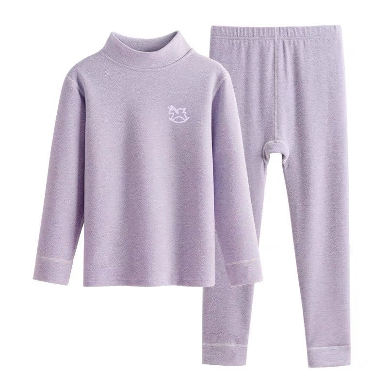 Half turtleneck plus thick velvet girls autumn clothes long pants suit mid collar brushed bottoming childrens thermal underwear for older girls Light purple