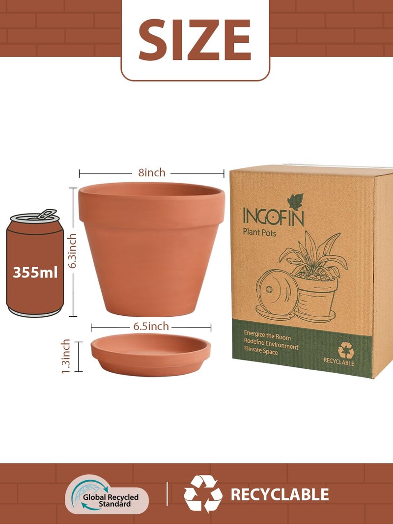 INGOFIN Terracotta Pots Set with Saucer - 2-Pack Ceramic Clay Planters with Drainage Hole, Garden Flower Succulent Pots with Tray for Indoor Outdoor Plants, 8 inch, Set of 2 - Image 2