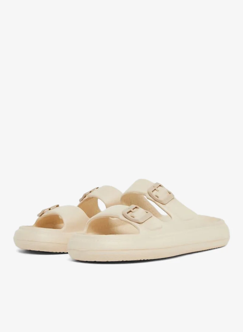 Styli Beige Double Buckle Comfort Slide Sandals