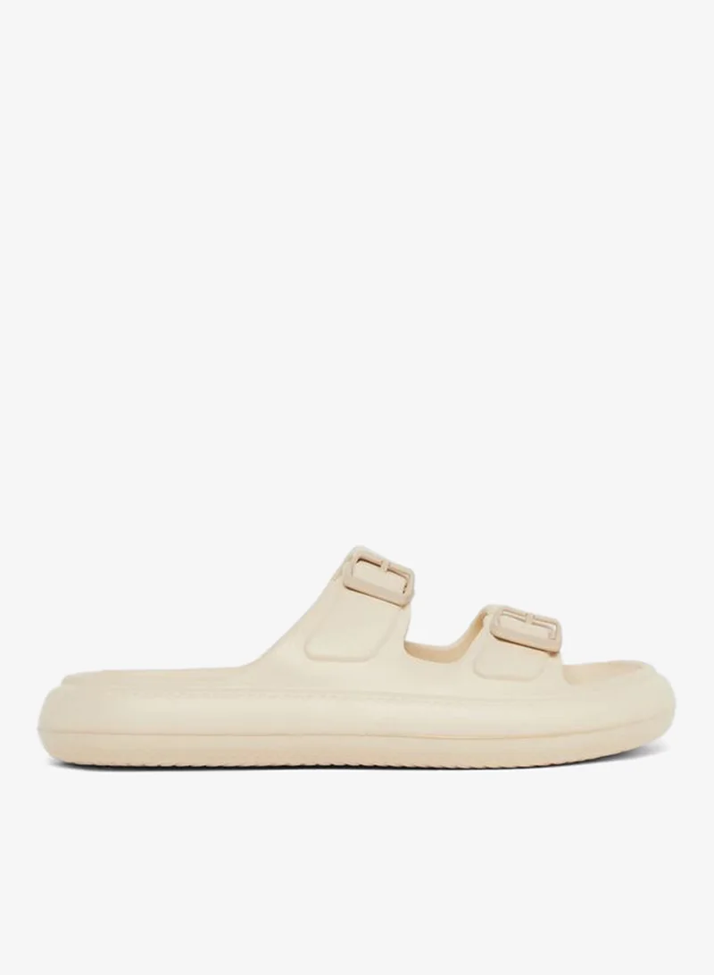 Styli Beige Double Buckle Comfort Slide Sandals