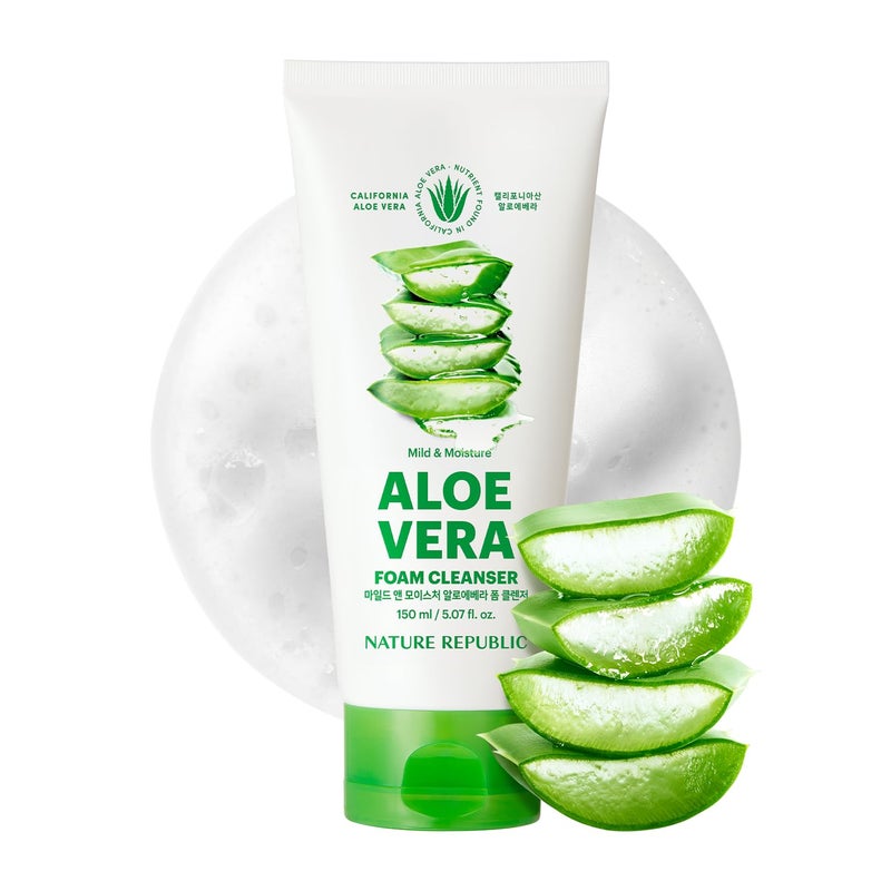 NATURE REPUBLIC نيتشر ريبابليك ميلد & موستشر ألو فيرا فوم كلينزر هيدريشن & موستشرينج ميك أب ريموفر، بور كلينسينج ألو فيس واش، كوريان سكين كير فور أول سكين تايبس 150ml / 5.07 fl Oz - Image 1