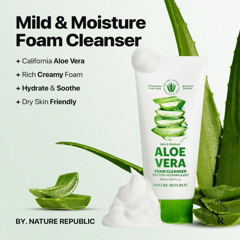 NATURE REPUBLIC نيتشر ريبابليك ميلد & موستشر ألو فيرا فوم كلينزر هيدريشن & موستشرينج ميك أب ريموفر، بور كلينسينج ألو فيس واش، كوريان سكين كير فور أول سكين تايبس 150ml / 5.07 fl Oz - Image 2