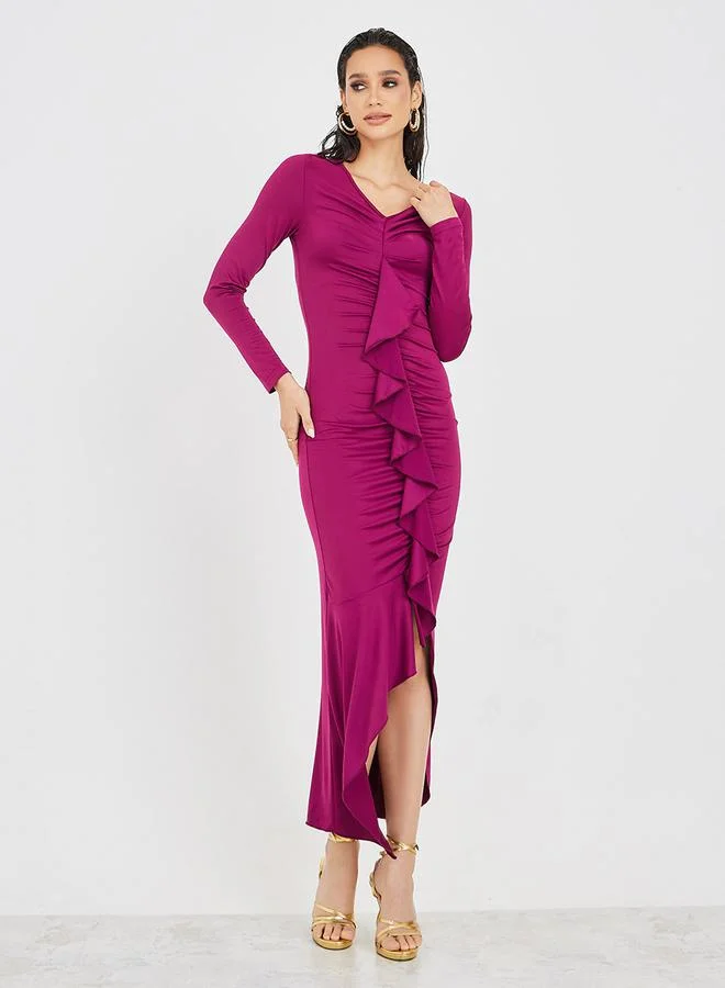 ستايلي Frill Detail Gathered Front Bodycon Maxi Dress