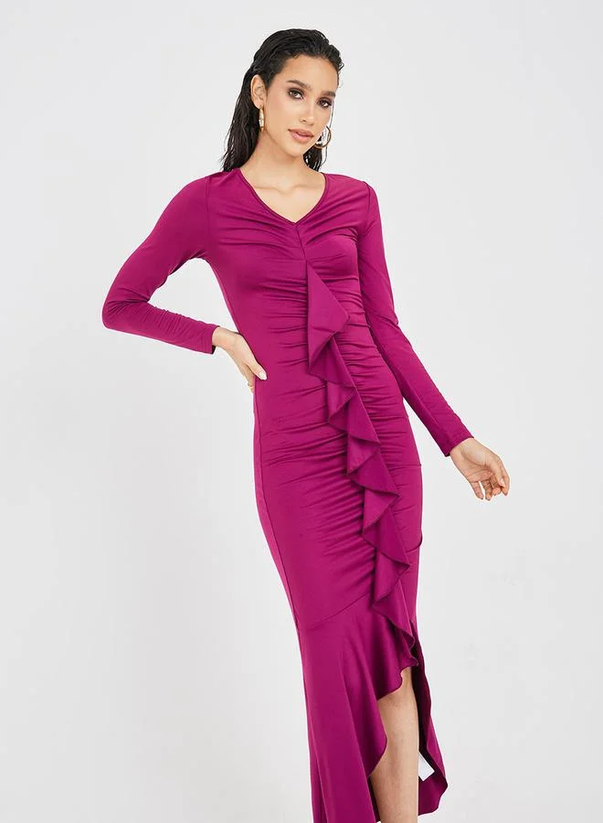 ستايلي Frill Detail Gathered Front Bodycon Maxi Dress