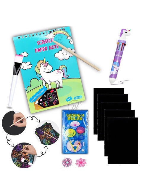 Promote 1 Unicorn Scratch Paper Spiral Notebook A5 Sized With Wooden Scratching Tool 1 Creative Spiral Ruler 1 Unicorn Multicolor 10 in 1 Ballpoint Pen Art And Craft Materials Sets for Girls Boys