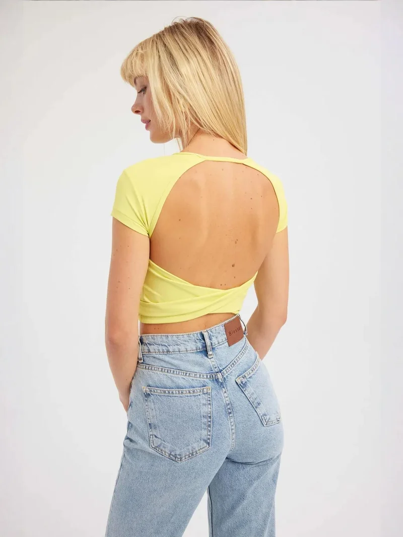 HICCUP Round Neck Cross Back Short Sleeve Crop Top