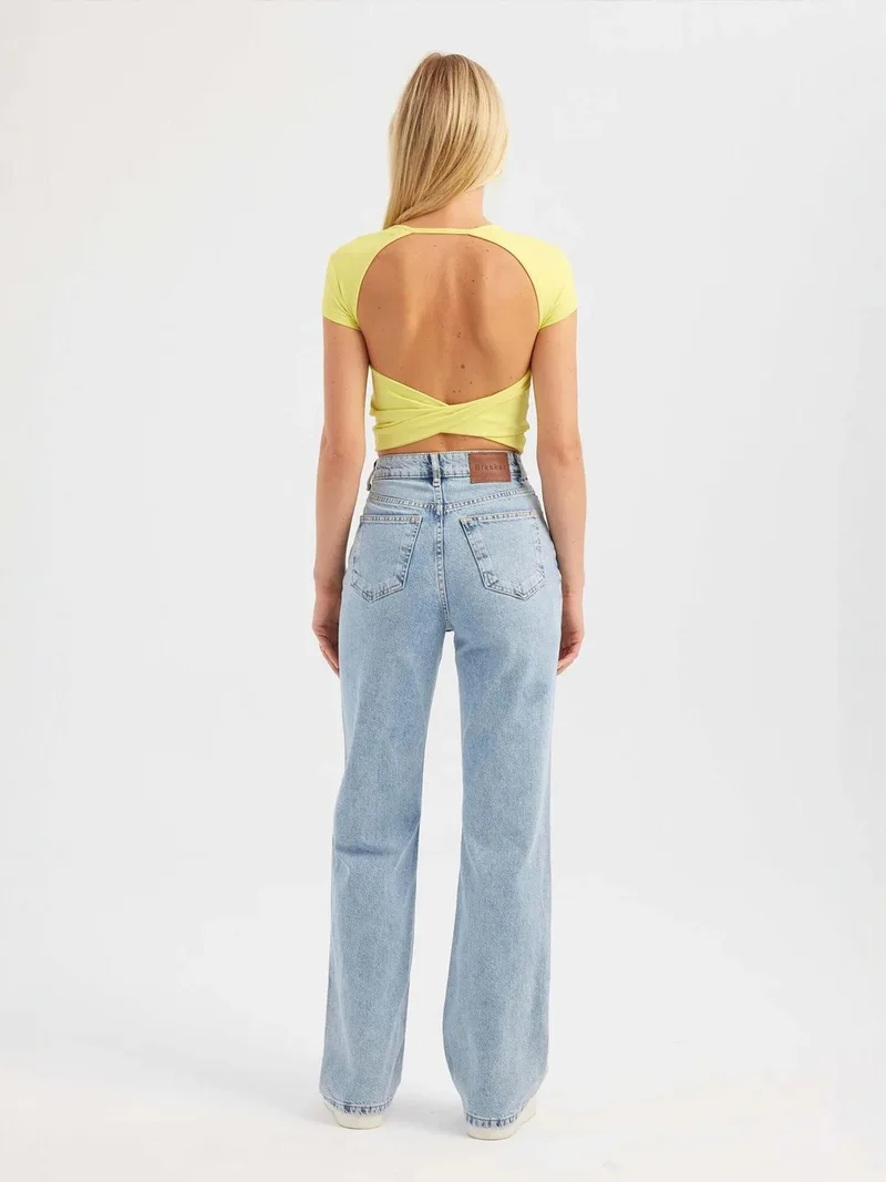 Hiccup Yellow Round Neck Cross Back Short Sleeve Crop Top for Women | Best Price UAE