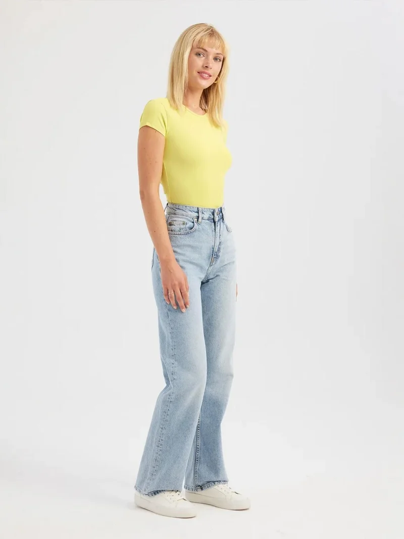 Hiccup Yellow Round Neck Cross Back Short Sleeve Crop Top for Women | Best Price UAE