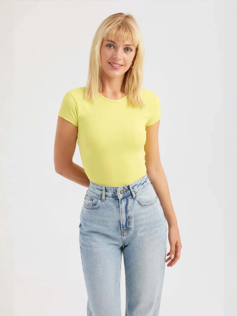 Hiccup Yellow Round Neck Cross Back Short Sleeve Crop Top for Women | Best Price UAE