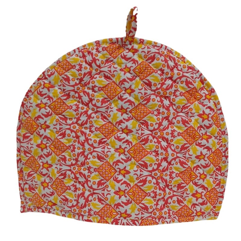 POSHMANDALA Poshmandala Rajasthani Handmade Tea Cozy 100 Cotton Hand Block Print Tea Kettle Warmer Winter Pot Cover for Hot Coffee Kitchen Dcor Size 14x11 Inches YellowOrange  - Image 1