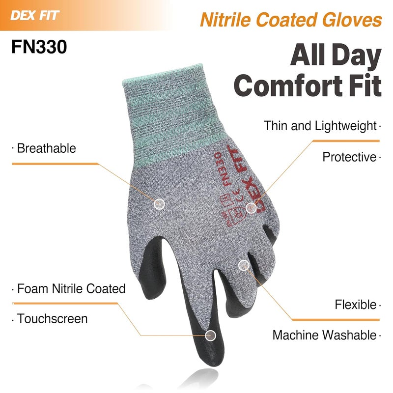 DEX FIT Premium Nitrile Work Gloves FN330, 3D Comfort Bare-Hand Fit, Firm Grip, Touchscreen, Thin & Lightweight, Breathable Foam Nitrile, Machine Washable; Grey XL (10) - Image 4