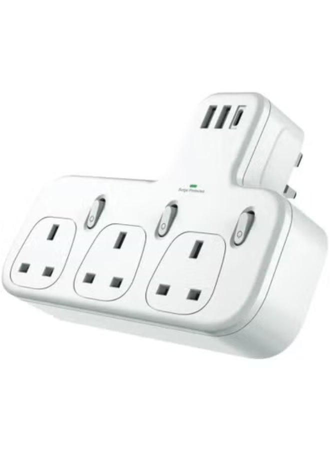 6-in-1 Power Strip Surge Protector Extension Plug with 3 AC Outlet Sockets and 3 USB Ports Including Type C Fast Charging Port, UK Triple Plug Extender Charging Station for Home Office Kitchen Travel Use - Image 2