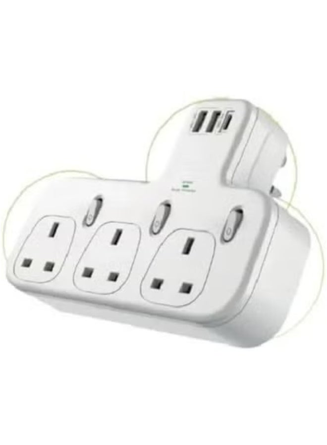 6-in-1 Power Strip Surge Protector Extension Plug with 3 AC Outlet Sockets and 3 USB Ports Including Type C Fast Charging Port, UK Triple Plug Extender Charging Station for Home Office Kitchen Travel Use - Image 5