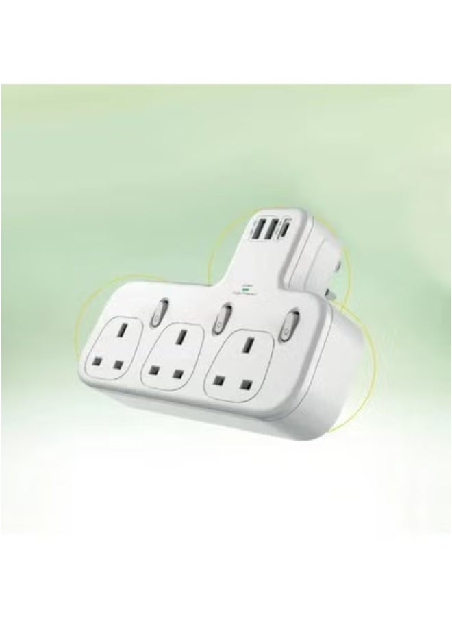 6-in-1 Power Strip Surge Protector Extension Plug with 3 AC Outlet Sockets and 3 USB Ports Including Type C Fast Charging Port, UK Triple Plug Extender Charging Station for Home Office Kitchen Travel Use - Image 3