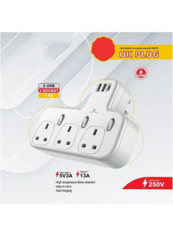 6-in-1 Power Strip Surge Protector Extension Plug with 3 AC Outlet Sockets and 3 USB Ports Including Type C Fast Charging Port, UK Triple Plug Extender Charging Station for Home Office Kitchen Travel Use - Image 1