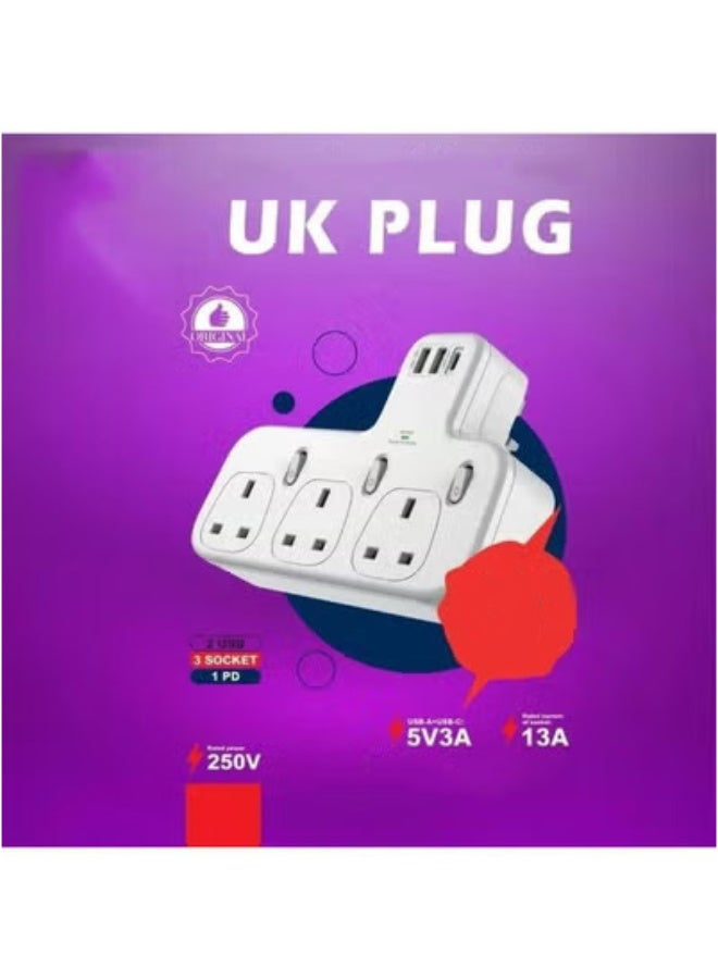 6-in-1 Power Strip Surge Protector Extension Plug with 3 AC Outlet Sockets and 3 USB Ports Including Type C Fast Charging Port, UK Triple Plug Extender Charging Station for Home Office Kitchen Travel Use - Image 4