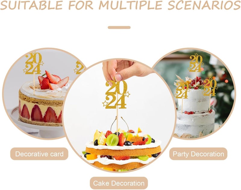 Vaguelly 30pcs 2024 Cake Picks Cake Ornament Set for New Year Party Dessert Decoration Gold Paper Cupcake Toppers Party Supplies - Image 3