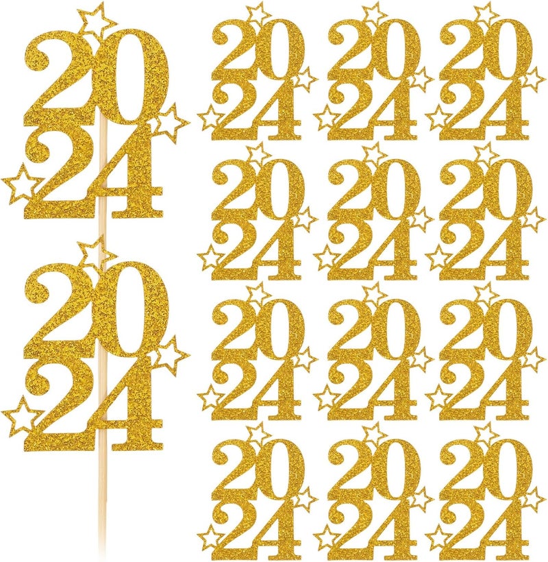 Vaguelly 30pcs 2024 Cake Picks Cake Ornament Set for New Year Party Dessert Decoration Gold Paper Cupcake Toppers Party Supplies - Image 1