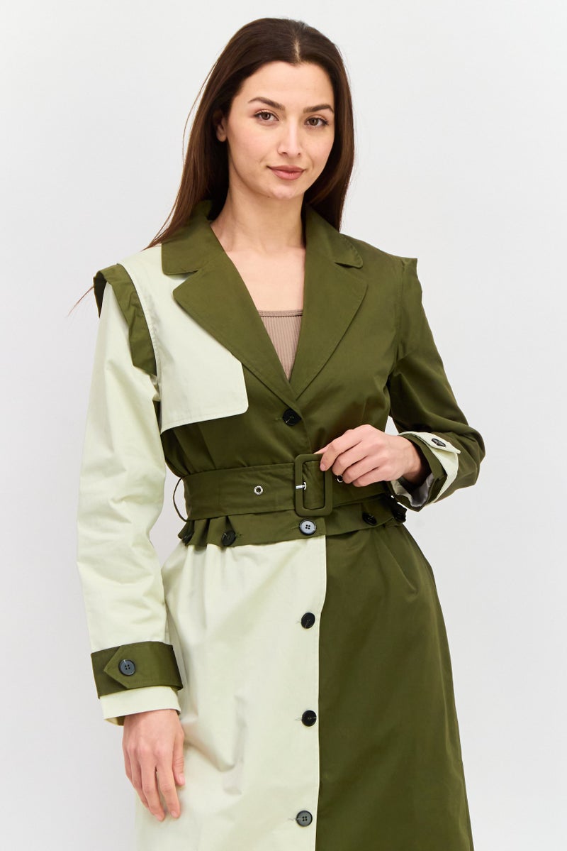 Unique21 Women Two Tone Trench Coat, Dark Olive - Image 2