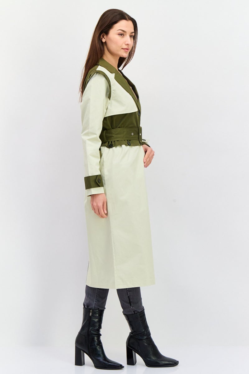 Unique21 Women Two Tone Trench Coat, Dark Olive - Image 3