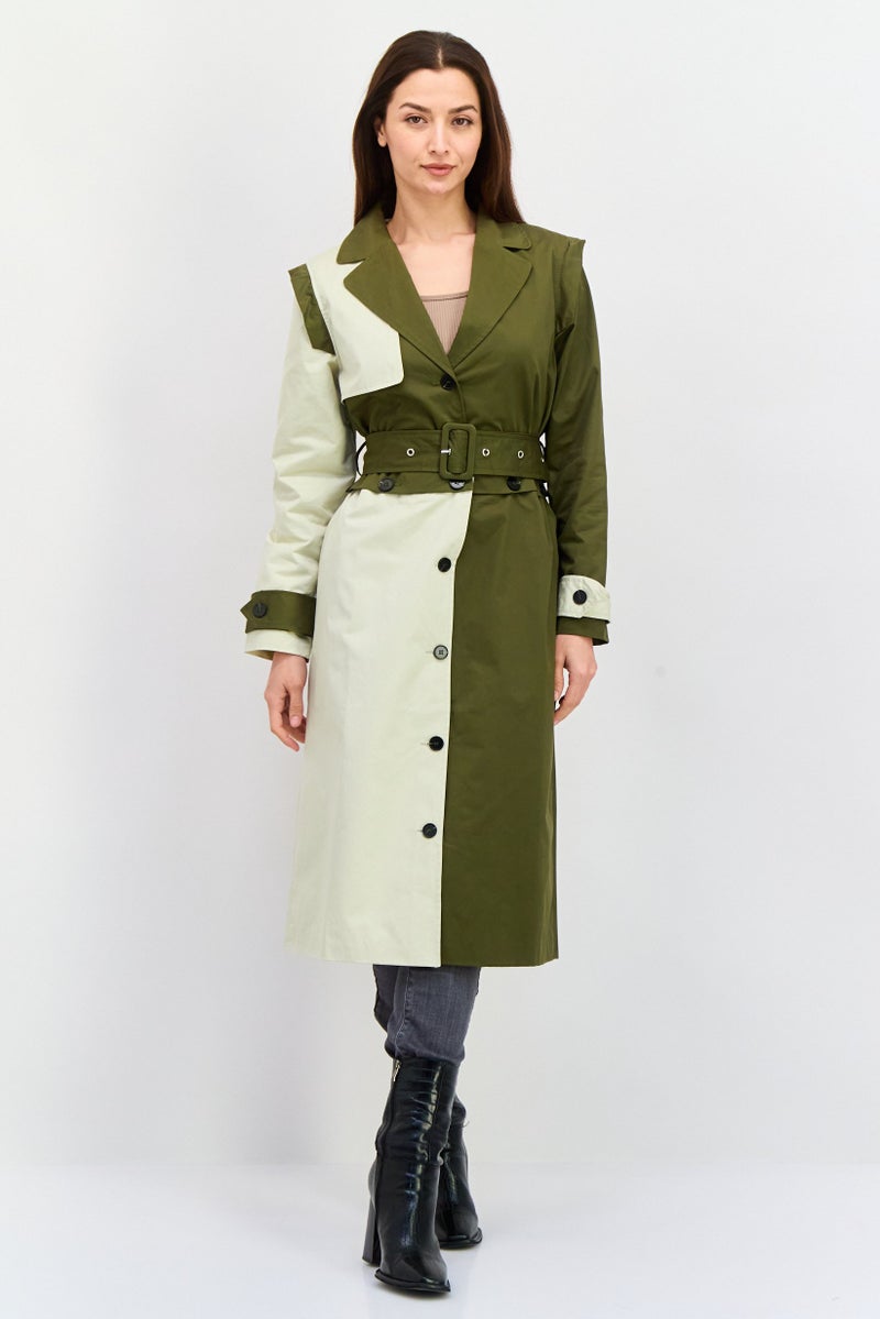 Unique21 Women Two Tone Trench Coat, Dark Olive - Image 1