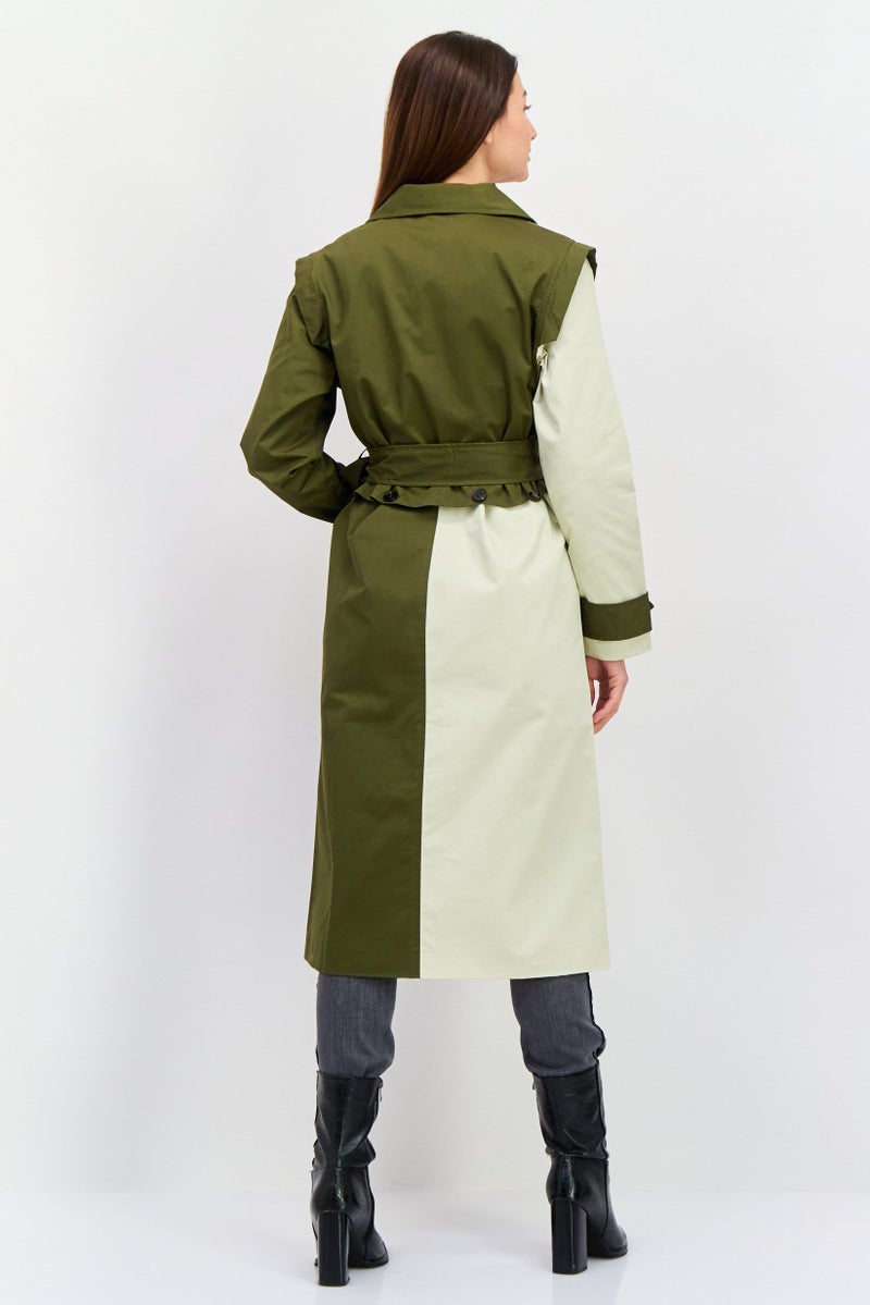 Unique21 Women Two Tone Trench Coat, Dark Olive - Image 4