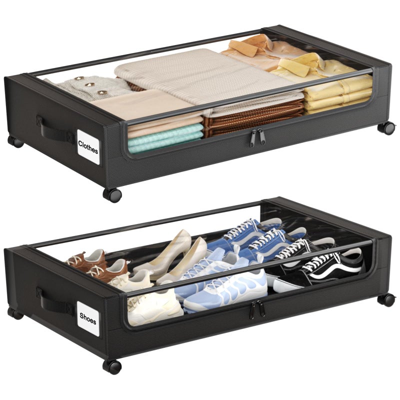 GoFujuco Under Bed Storage with Wheels,XXL 60L Under Bed Storage Containers with Clear Lids, Rolling Under Bed Metal Drawer for Clothes, Shoes,Toys (Black, 2 Pack) - Image 1