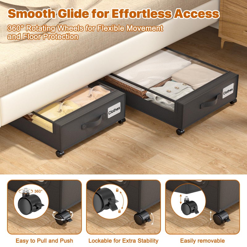 GoFujuco Under Bed Storage with Wheels,XXL 60L Under Bed Storage Containers with Clear Lids, Rolling Under Bed Metal Drawer for Clothes, Shoes,Toys (Black, 2 Pack) - Image 3