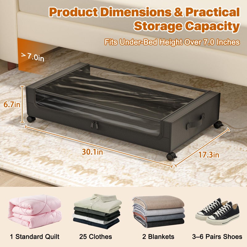 GoFujuco Under Bed Storage with Wheels,XXL 60L Under Bed Storage Containers with Clear Lids, Rolling Under Bed Metal Drawer for Clothes, Shoes,Toys (Black, 2 Pack) - Image 2