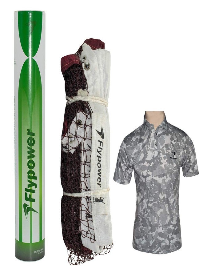 FLYPOWER Badminton Feather Shuttle Cock Green with NET 850 MEHROON and T-Shirt Nias White Size 2XL - Image 1