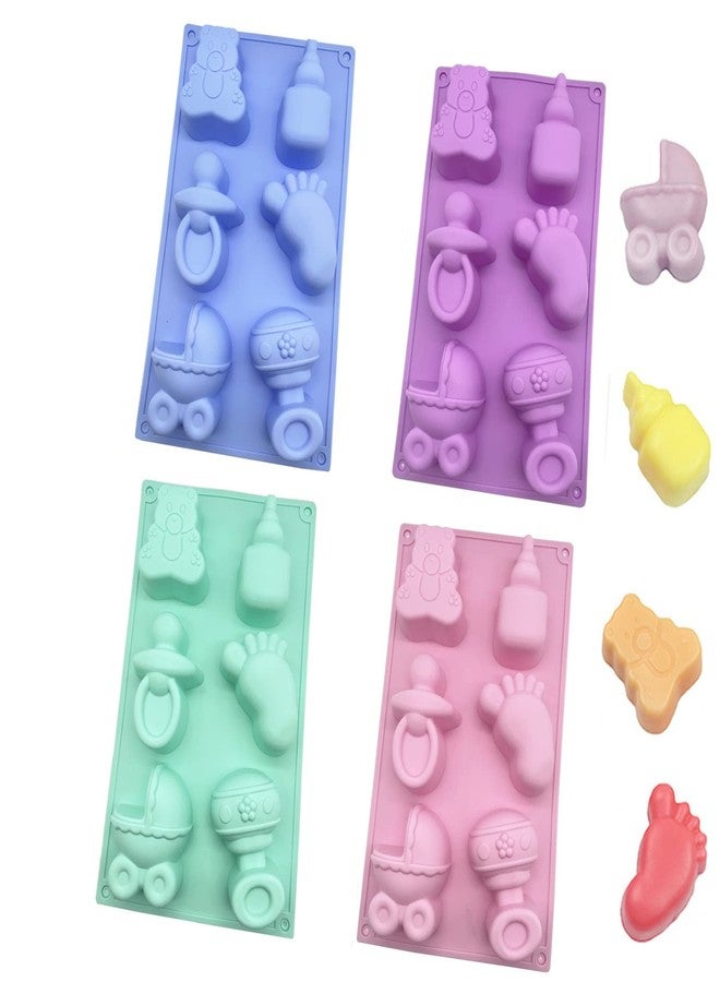 DD-life 4 Pcs Baby Shower Party Silicone Mold,Bear Pacifier Little Feet Feeding Bottle Baby Carriage Silicone Fondant Mold for Chocolate,Soap,Sugar,Polymer Clay(1Purple,1Pink,1Green,1Blue) - Image 1