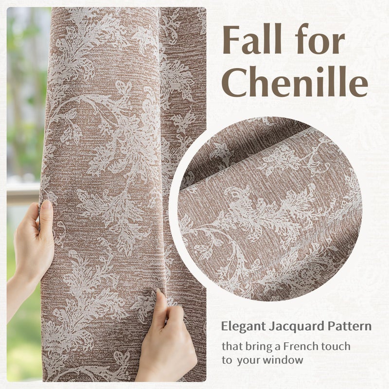 FMFUNCTEX Rust Brown Floral Jacquard Blackout Curtains 84 Inches Long for Bedroom, Scroll Flower Chenille Farmhouse Curtains for Living Room Darkening Thermal Insulated Grommet Window Drapes 2 Panels - Image 4