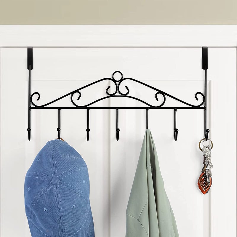 QCEN QCEN Over The Door Metal Hanger with 7 Hooks No Drilling Required Stylish Hanging Rack Organizer for Thick Doors Clothes Towels Bags Scarves Belts Hats Home and Office Use Black  - Image 3
