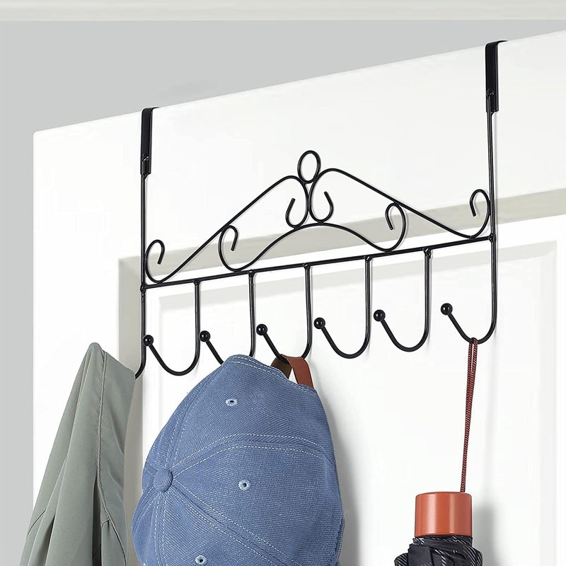 QCEN QCEN Over The Door Metal Hanger with 7 Hooks No Drilling Required Stylish Hanging Rack Organizer for Thick Doors Clothes Towels Bags Scarves Belts Hats Home and Office Use Black  - Image 1
