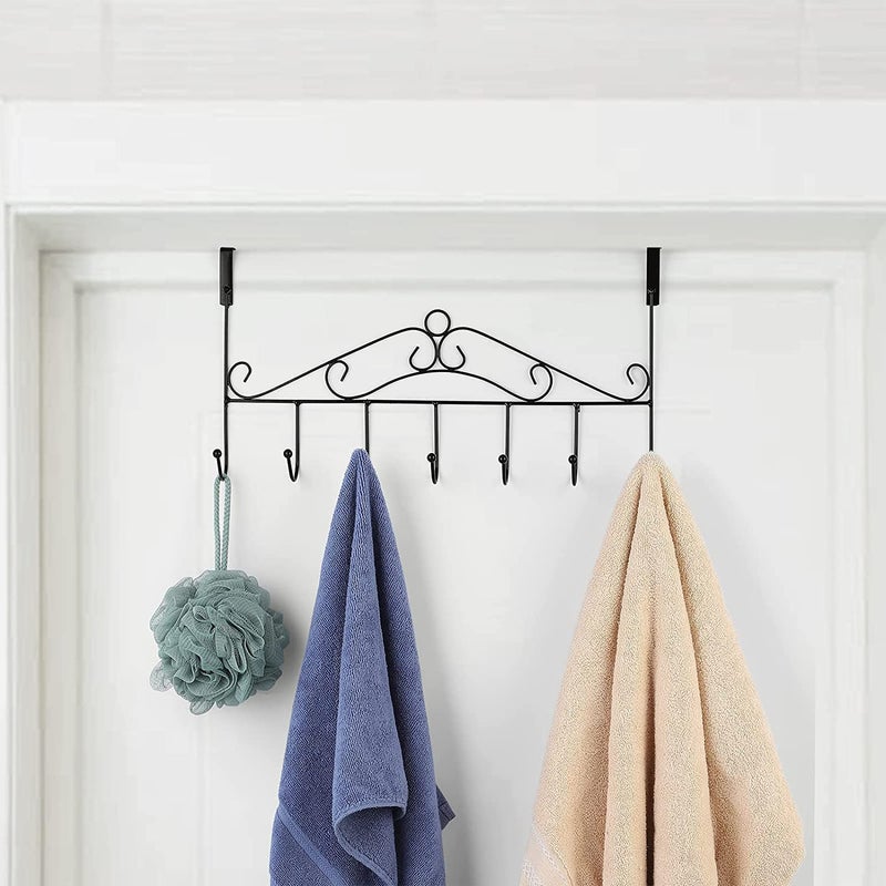 QCEN QCEN Over The Door Metal Hanger with 7 Hooks No Drilling Required Stylish Hanging Rack Organizer for Thick Doors Clothes Towels Bags Scarves Belts Hats Home and Office Use Black  - Image 2