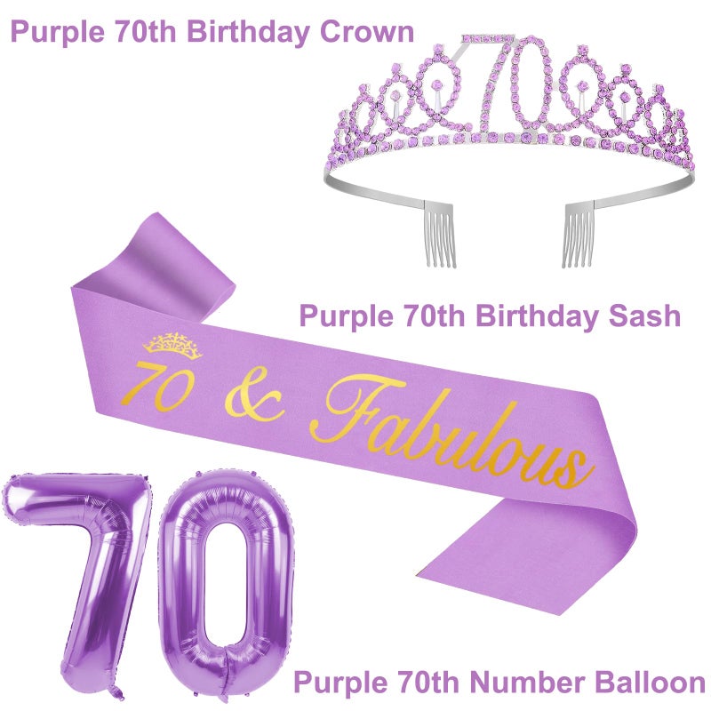 YeohJoy 70th Birthday Decorations for Women Purple with 70th Birthday Sash and Crown, Cake Topper and Candles, Number Balloons, 70 Year Old Gifts for Women - Image 3