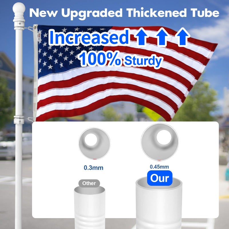 Anovo Flag Pole Kit- Upgraded Holder, Stainless Steel 6 FT Flag Poles with1 Inch Metal 360Â° Rotating Flag Pole Rings Two-Position Flag Pole Bracket Mounting for Outside House Porch(6 FT - White) - Image 2