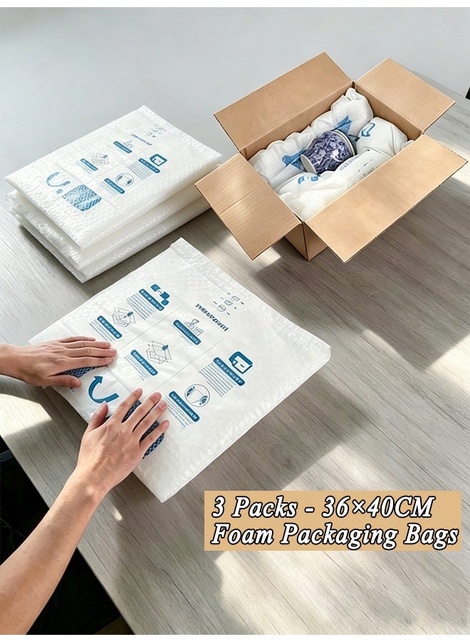 عبوة من 3 أكياس تغليف رغوية قابلة للتمدد مقاس 36×40 سم، رغوة شحن مضادة للصدمات مخصصة للعناصر الهشة وأجهزة الكمبيوتر والمنتجات غير المنتظمة، مادة تغليف واقية من البولي يوريثين صديقة للبيئة - Image 1