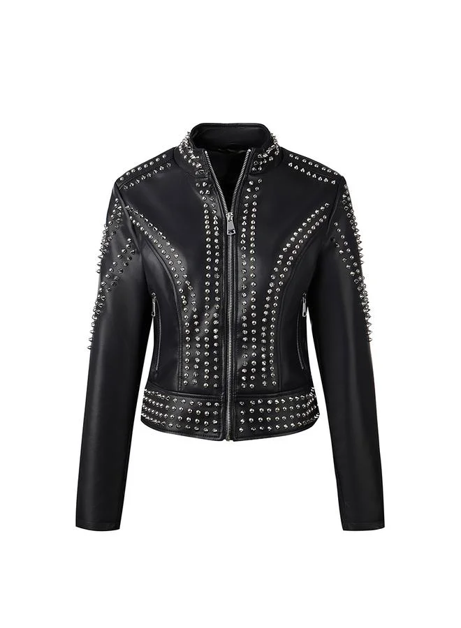 Take Two Black Studded Cropped Biker Jacket
