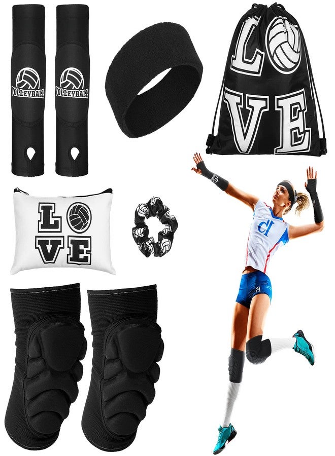 Vabean 8 Pcs Volleyball Accessories, Volleyball Arm Sleeves Volleyball Knee Pads Sport Hair Scrunchies Sweat Band Drawstring Bag Cosmetic Bag Volleyball Wrist Guard Knee Brace (Black,Medium) - Image 1